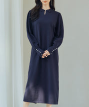 シャツ襟マトンスリーブミモレ丈ワンピースsdpxyf3269 ネイビー