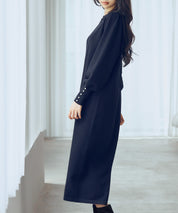 シャツ襟マトンスリーブミモレ丈ワンピースsdpxyf3269 ネイビー