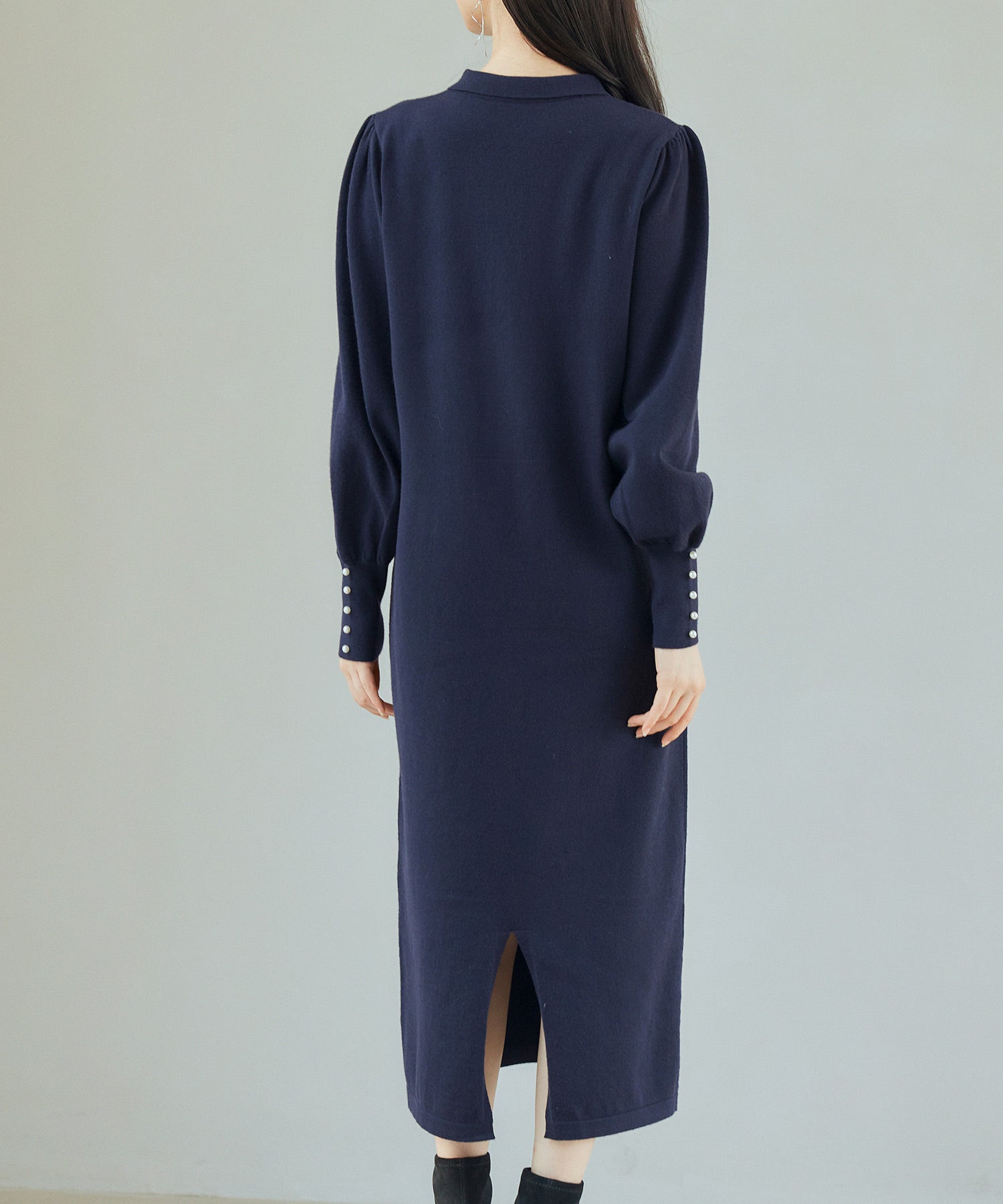 シャツ襟マトンスリーブミモレ丈ワンピースsdpxyf3269 ネイビー