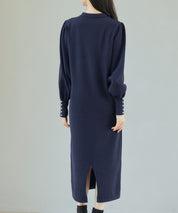 シャツ襟マトンスリーブミモレ丈ワンピースsdpxyf3269 ネイビー