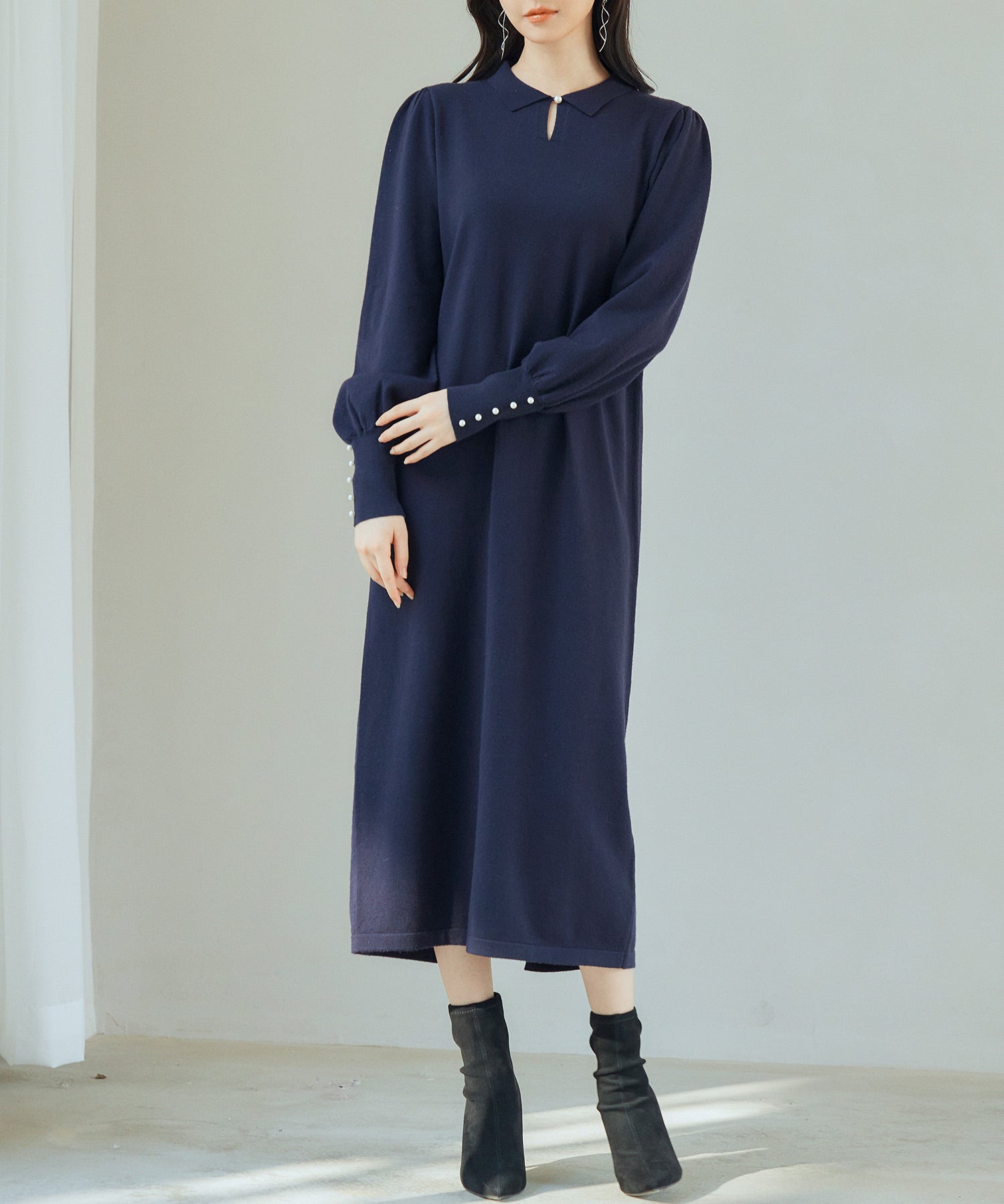 シャツ襟マトンスリーブミモレ丈ワンピースsdpxyf3269 ネイビー