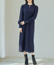 シャツ襟マトンスリーブミモレ丈ワンピースsdpxyf3269 ネイビー