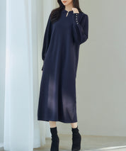 シャツ襟マトンスリーブミモレ丈ワンピースsdpxyf3269 ネイビー