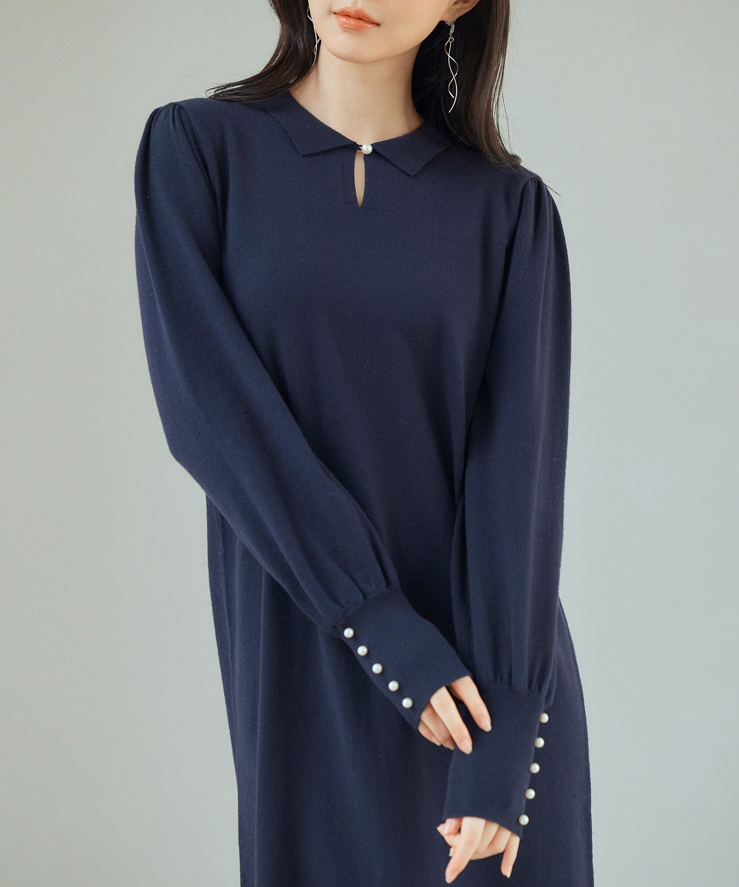 シャツ襟マトンスリーブミモレ丈ワンピースsdpxyf3269 ネイビー