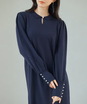 シャツ襟マトンスリーブミモレ丈ワンピースsdpxyf3269 ネイビー