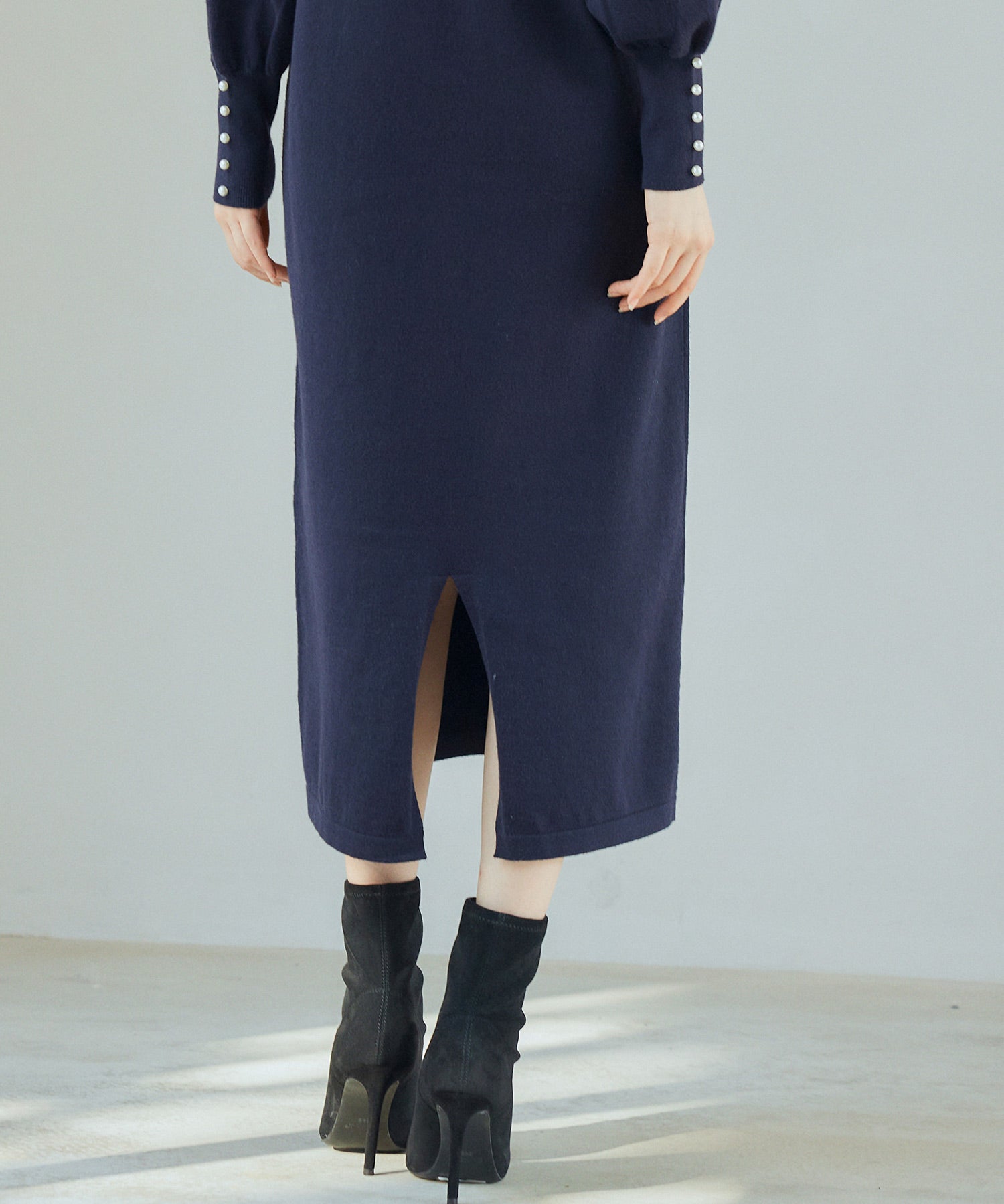 シャツ襟マトンスリーブミモレ丈ワンピースsdpxyf3269 ネイビー