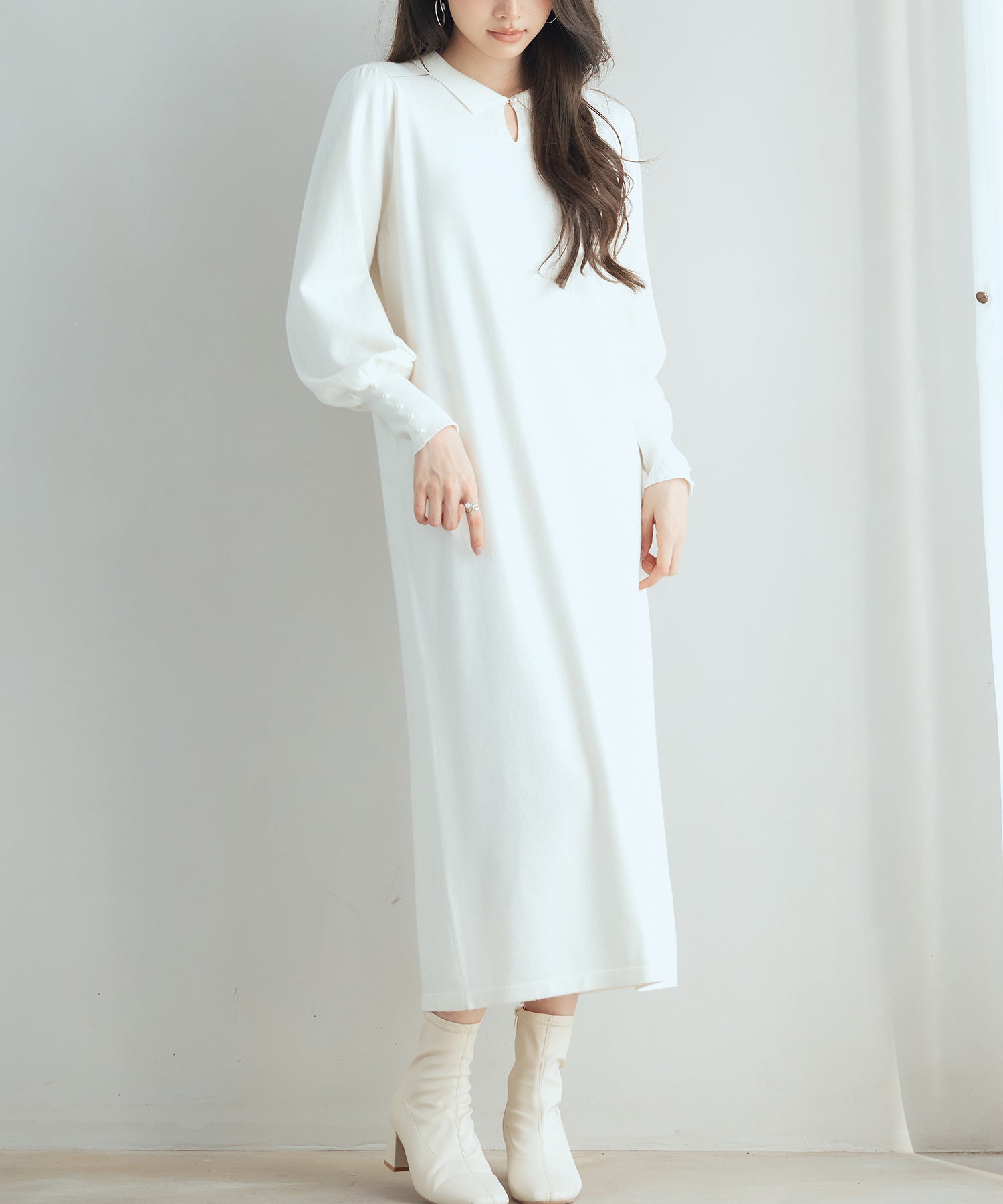 シャツ襟マトンスリーブミモレ丈ワンピースsdpxyf3269-103-38