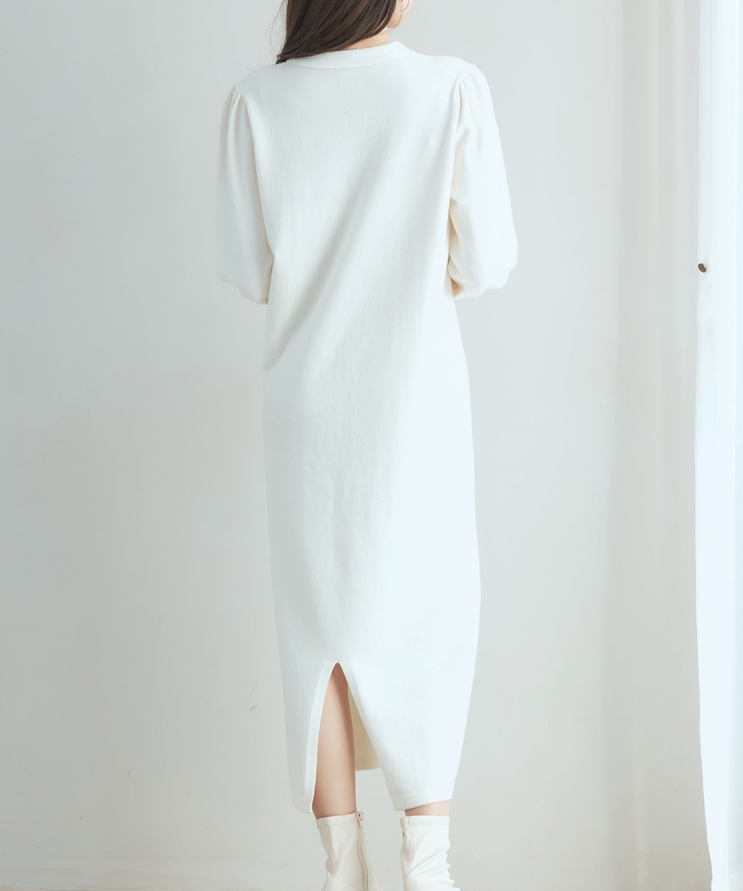 シャツ襟マトンスリーブミモレ丈ワンピースsdpxyf3269 アイボリー