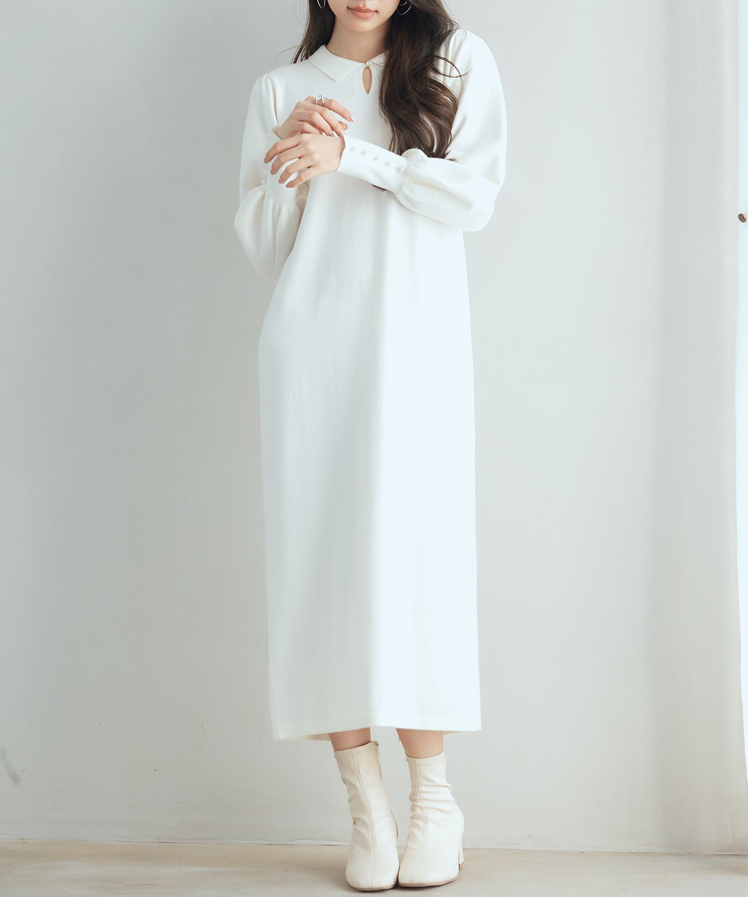 シャツ襟マトンスリーブミモレ丈ワンピースsdpxyf3269 アイボリー