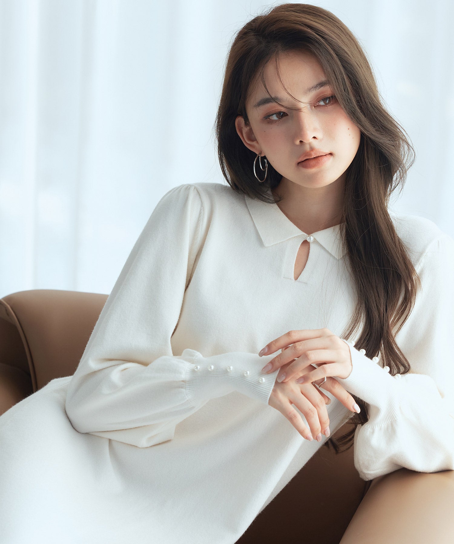 シャツ襟マトンスリーブミモレ丈ワンピースsdpxyf3269 アイボリー