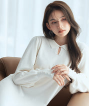 シャツ襟マトンスリーブミモレ丈ワンピースsdpxyf3269 アイボリー