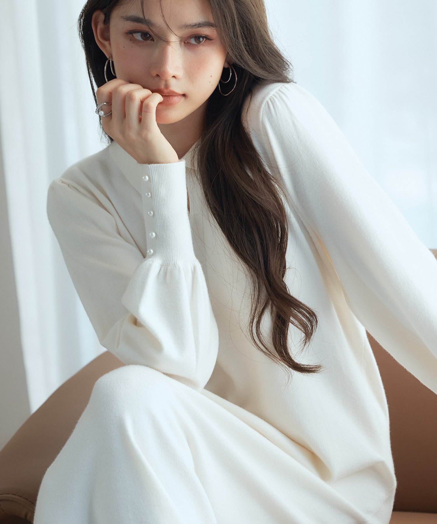 シャツ襟マトンスリーブミモレ丈ワンピースsdpxyf3269 アイボリー