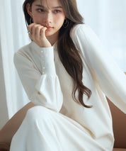 シャツ襟マトンスリーブミモレ丈ワンピースsdpxyf3269 アイボリー