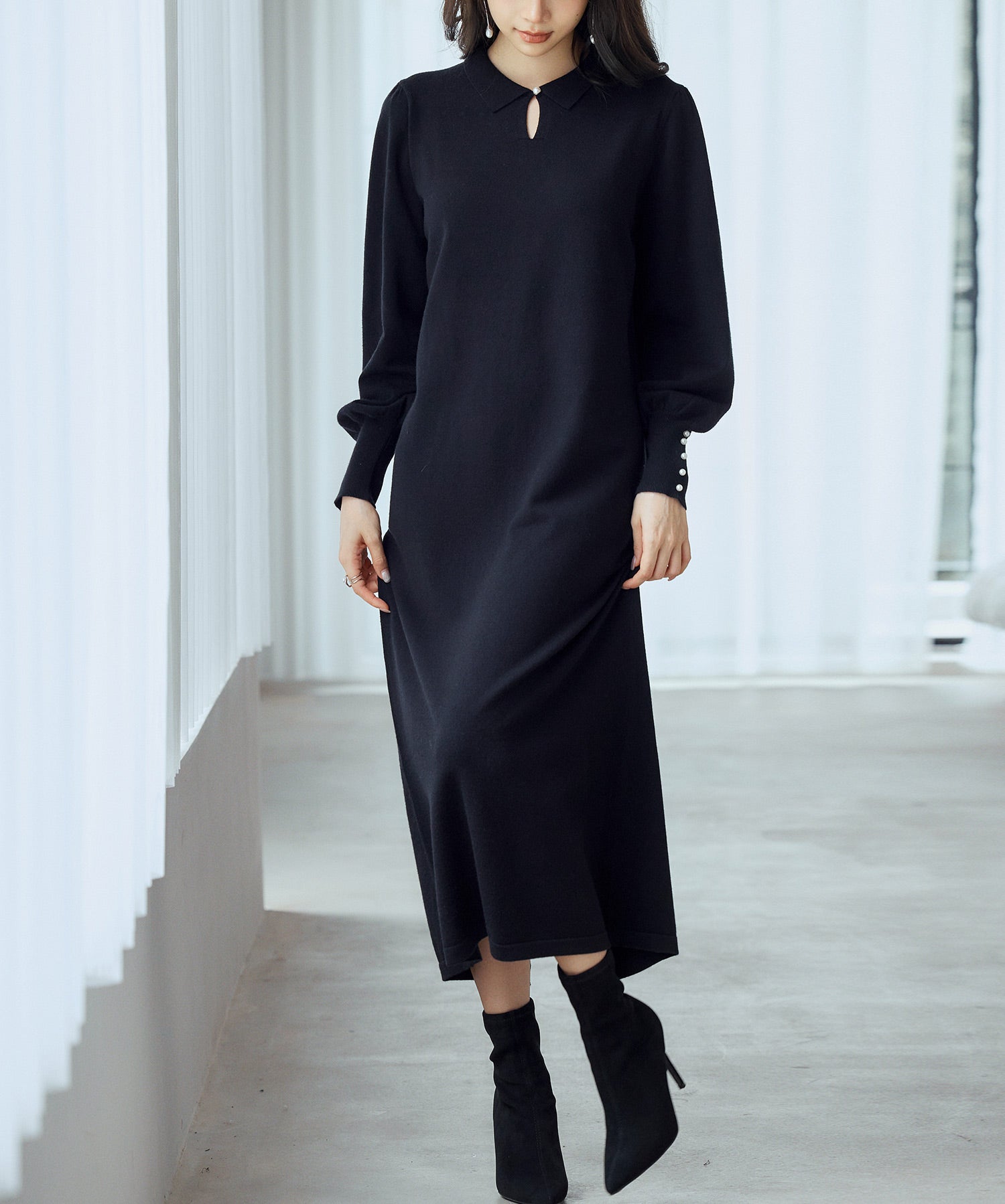 シャツ襟マトンスリーブミモレ丈ワンピースsdpxyf3269-103-8