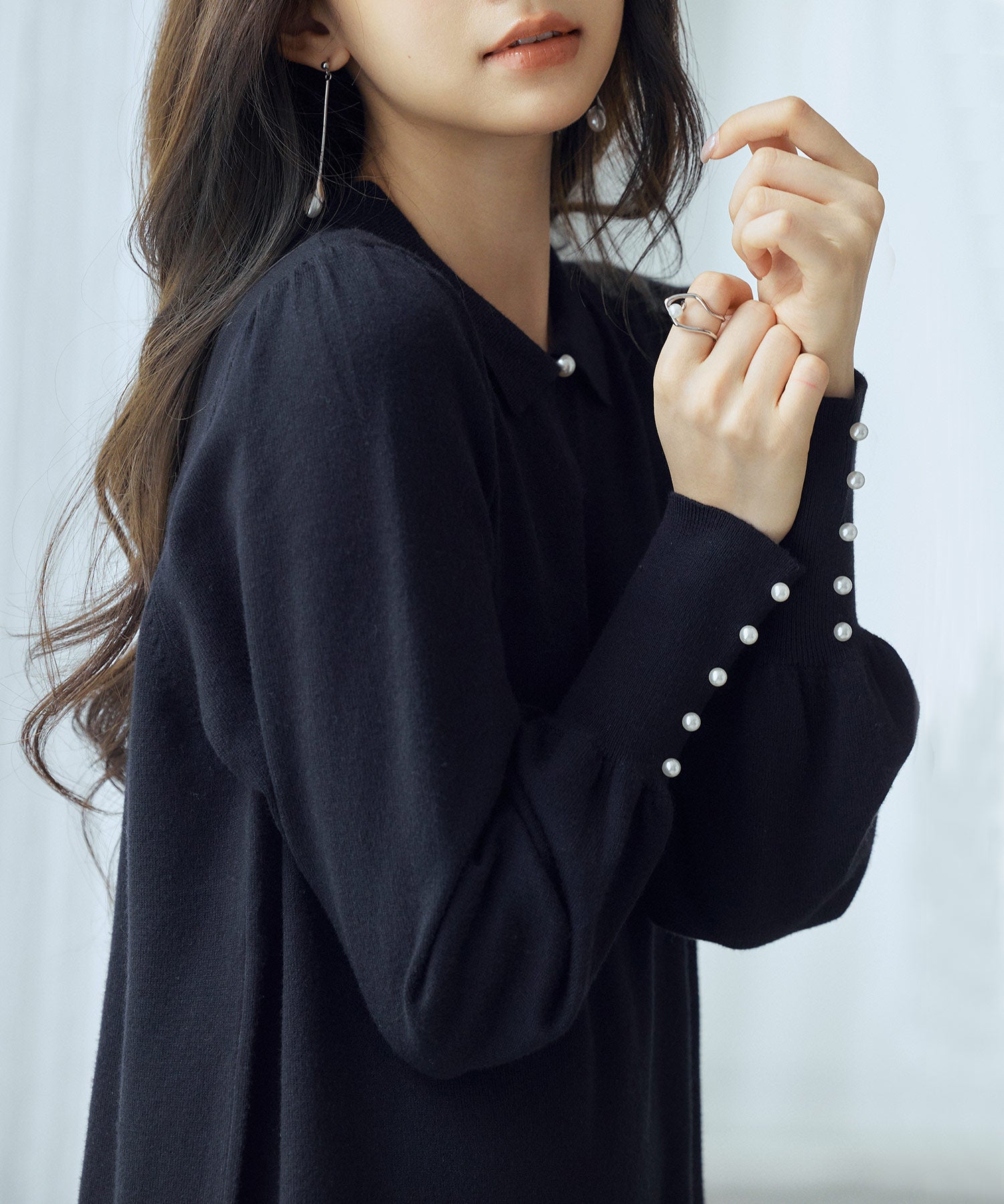 シャツ襟マトンスリーブミモレ丈ワンピースsdpxyf3269 ブラック