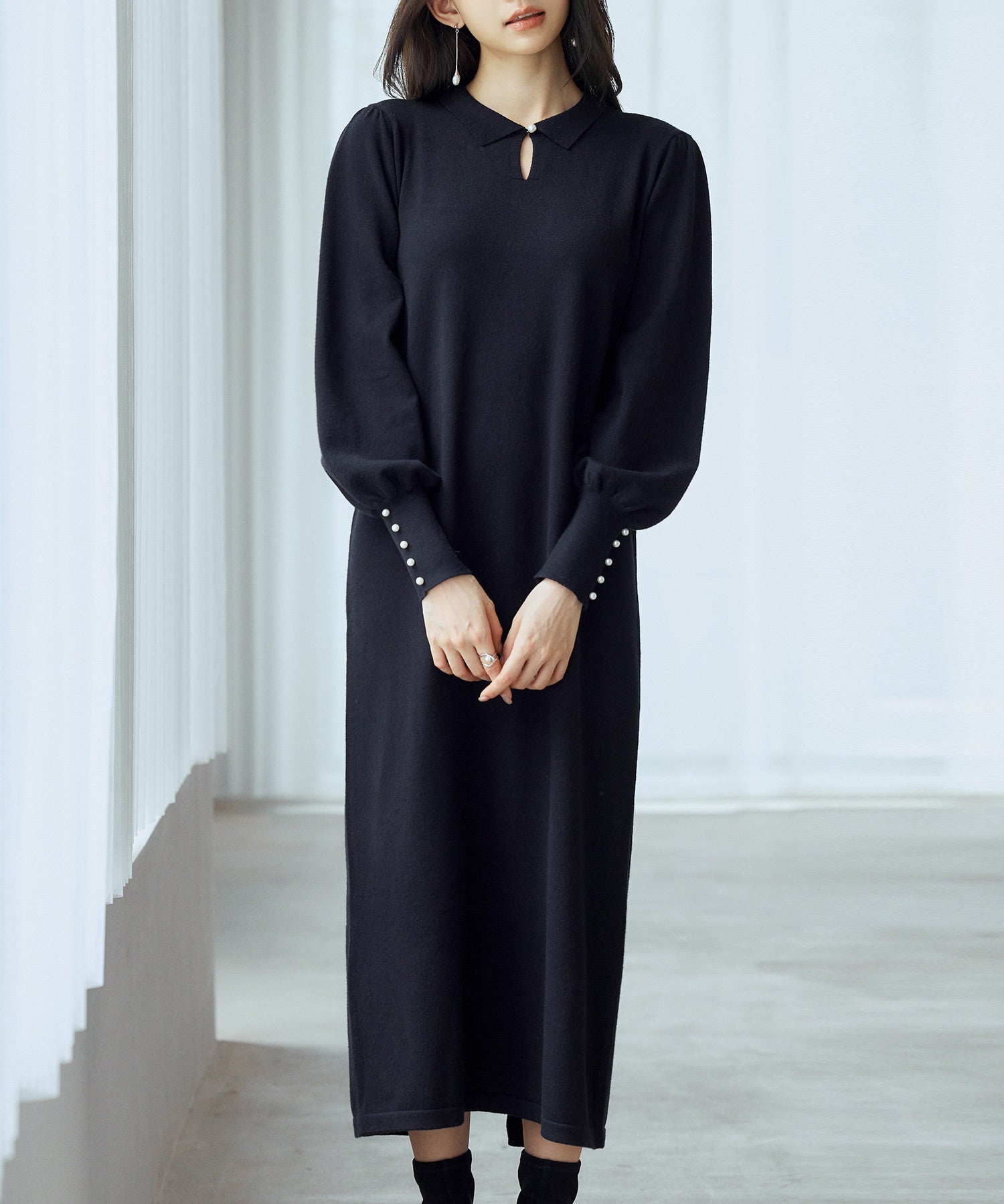 シャツ襟マトンスリーブミモレ丈ワンピースsdpxyf3269 ブラック