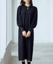 シャツ襟マトンスリーブミモレ丈ワンピースsdpxyf3269 ブラック