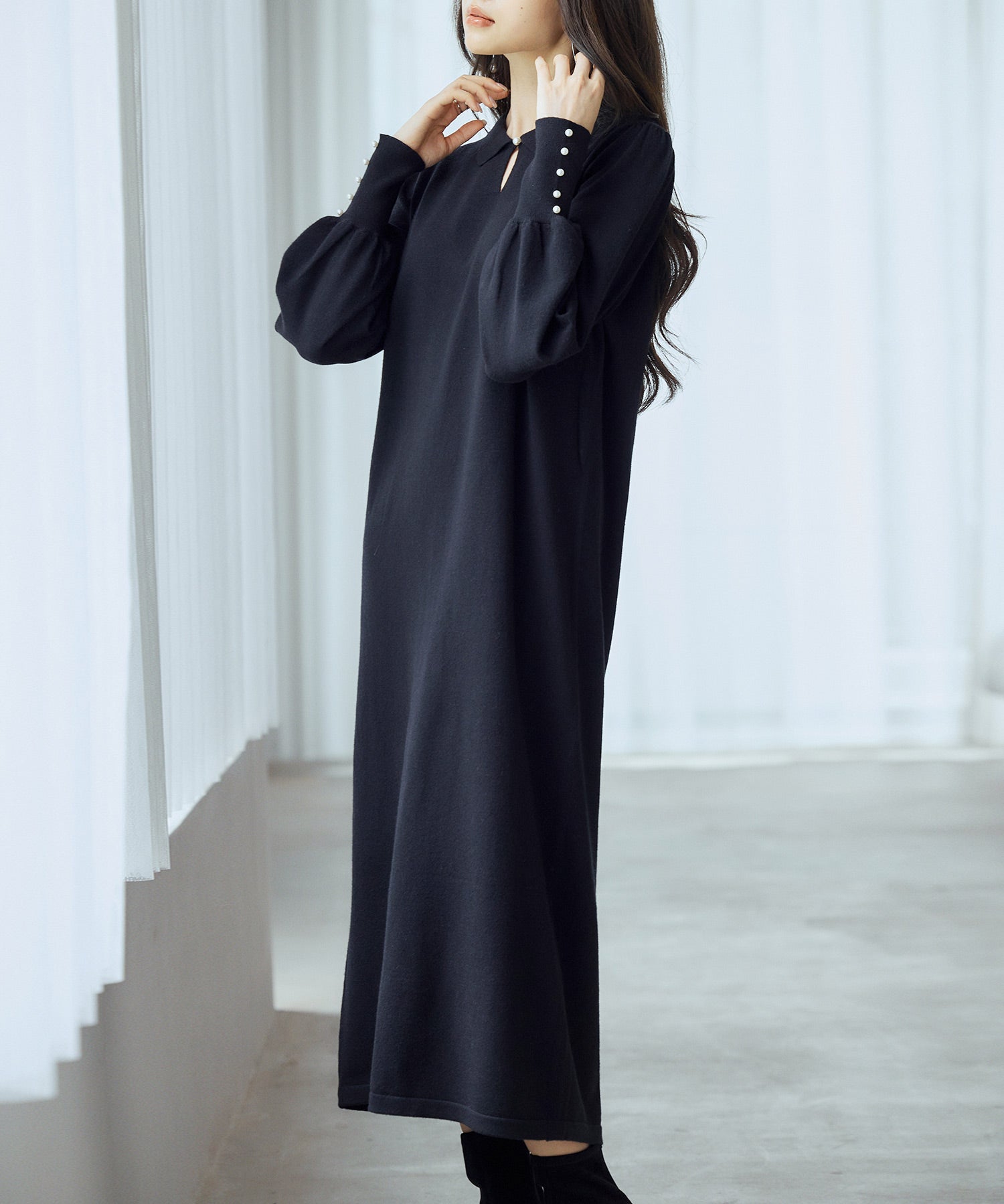 シャツ襟マトンスリーブミモレ丈ワンピースsdpxyf3269 ブラック