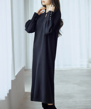 シャツ襟マトンスリーブミモレ丈ワンピースsdpxyf3269 ブラック