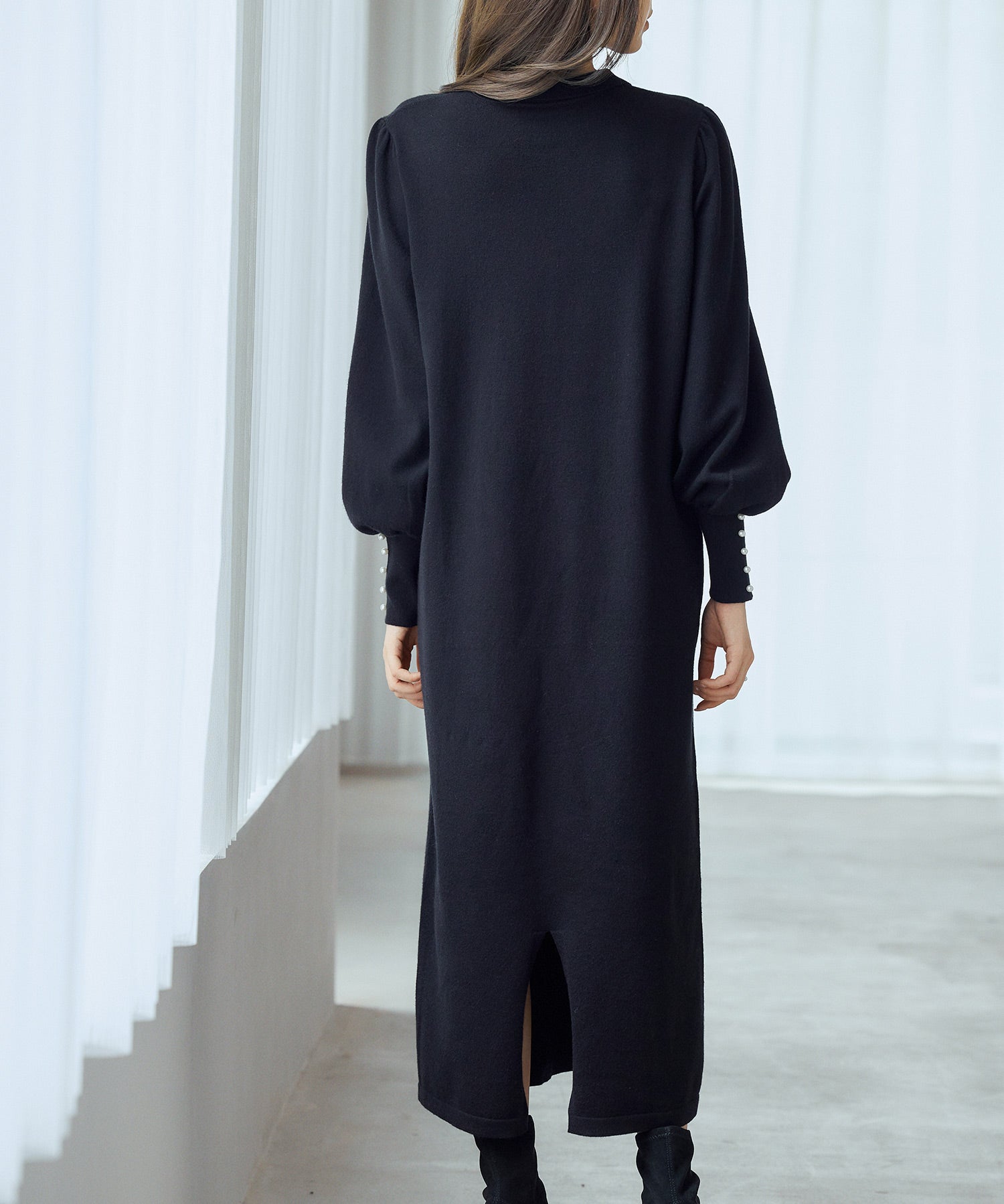 シャツ襟マトンスリーブミモレ丈ワンピースsdpxyf3269 ブラック