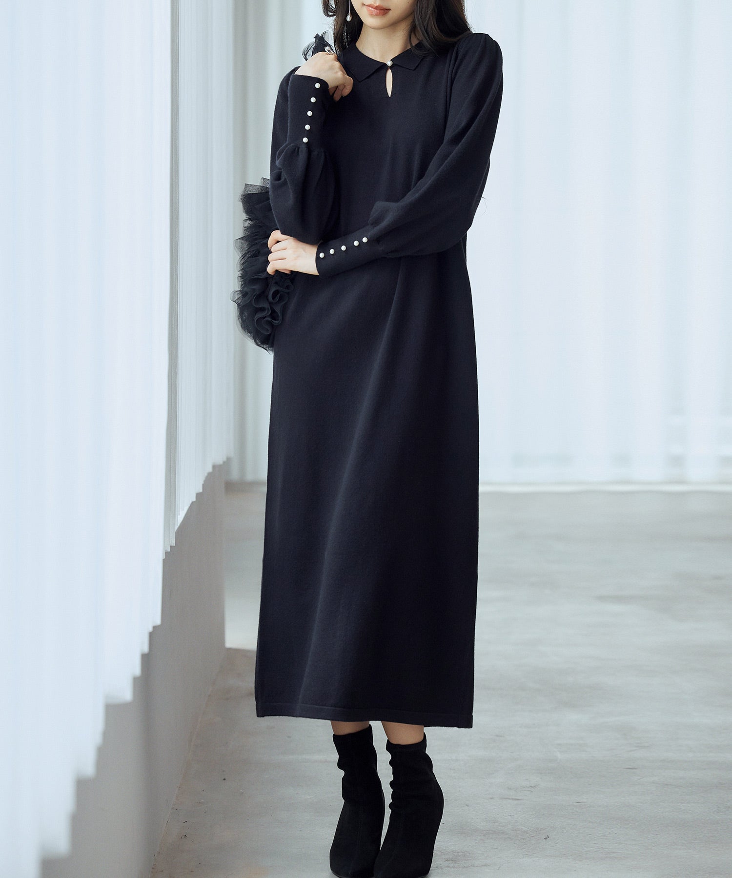 シャツ襟マトンスリーブミモレ丈ワンピースsdpxyf3269 ブラック