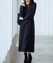 シャツ襟マトンスリーブミモレ丈ワンピースsdpxyf3269 ブラック