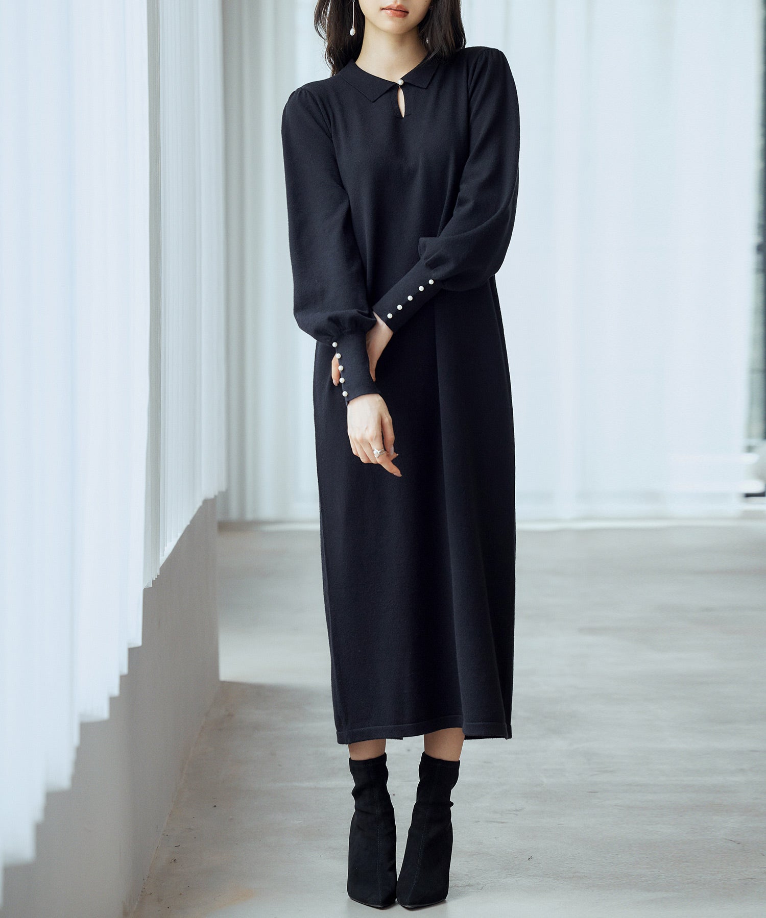 シャツ襟マトンスリーブミモレ丈ワンピースsdpxyf3269 ブラック