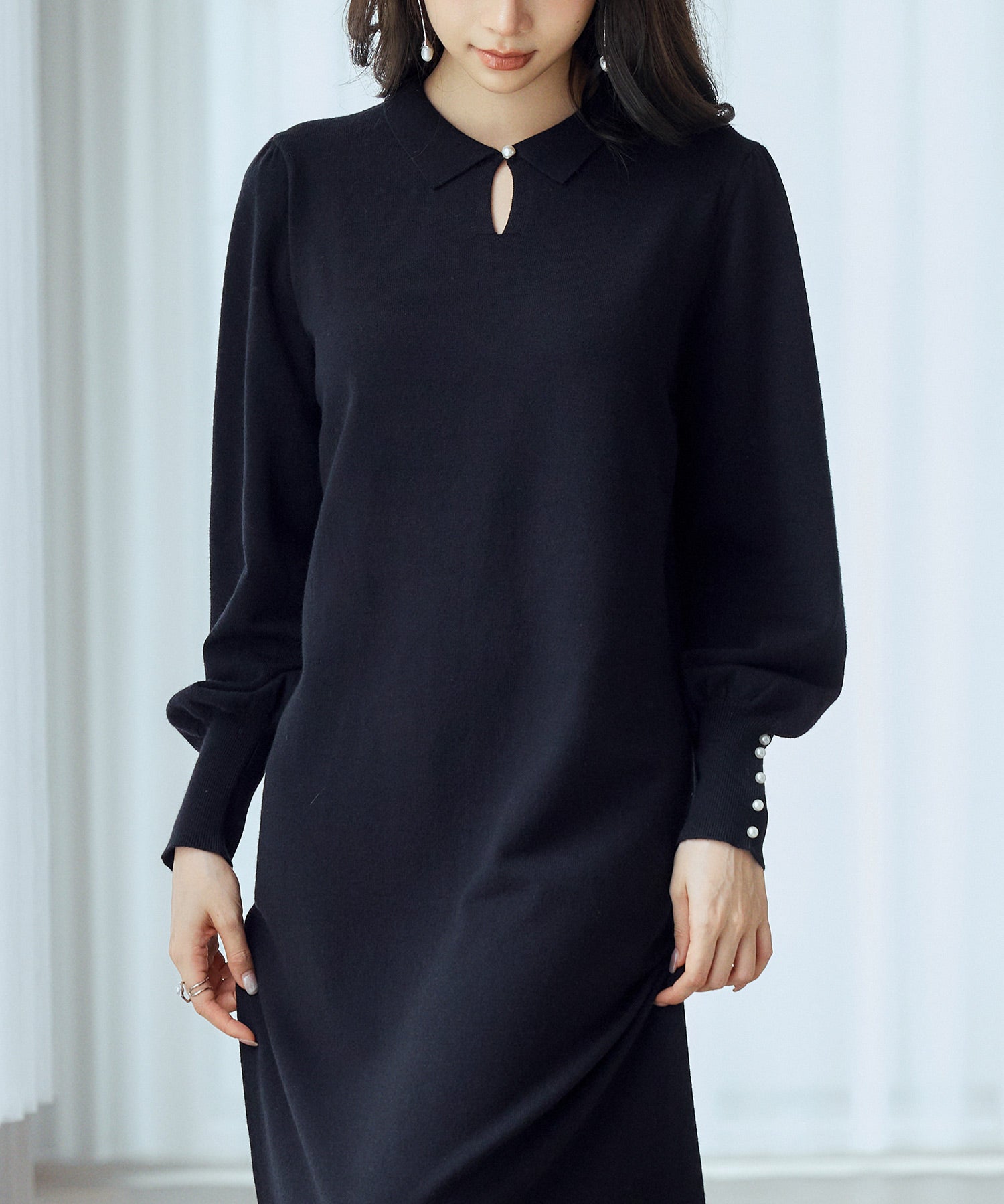 シャツ襟マトンスリーブミモレ丈ワンピースsdpxyf3269 ブラック