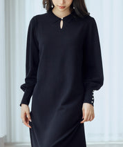 シャツ襟マトンスリーブミモレ丈ワンピースsdpxyf3269 ブラック