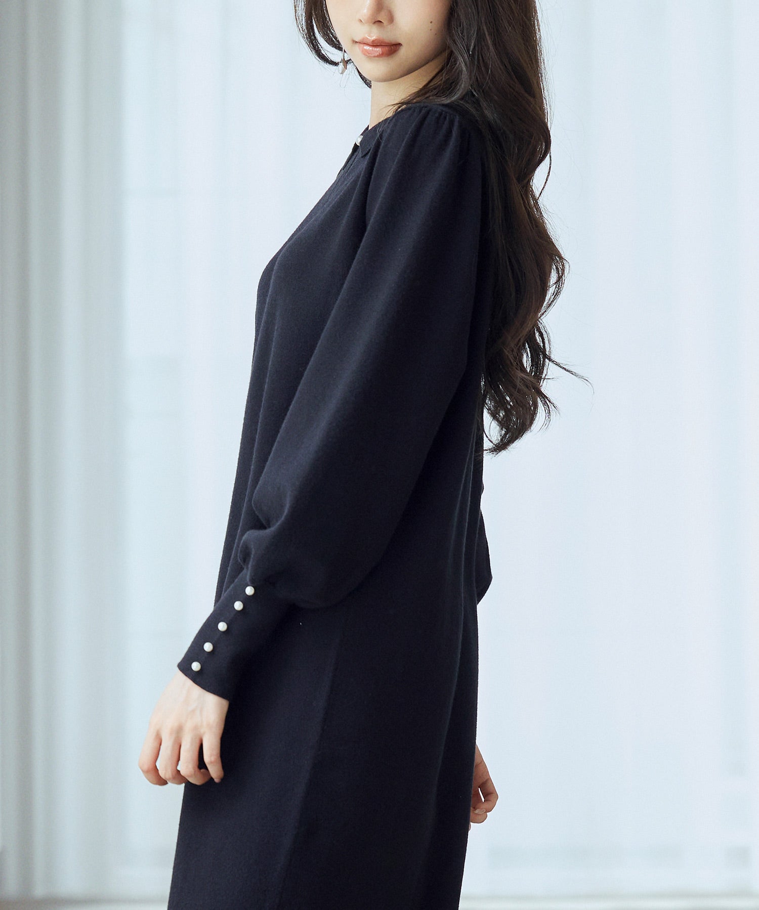 シャツ襟マトンスリーブミモレ丈ワンピースsdpxyf3269 ブラック
