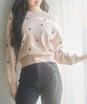 ハート刺繍ラグランスリーブニットプルオーバーsdpxyf3280 ピンクベージュ