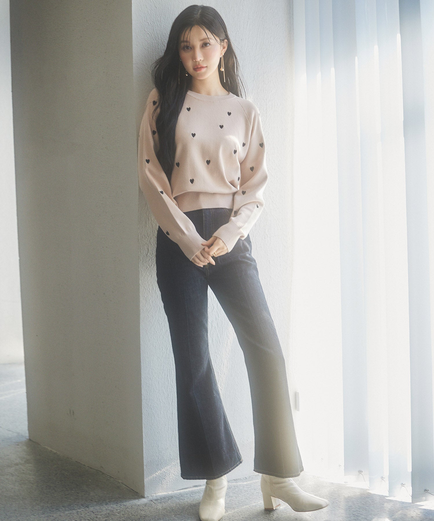 ハート刺繍ラグランスリーブニットプルオーバーsdpxyf3280 ピンクベージュ