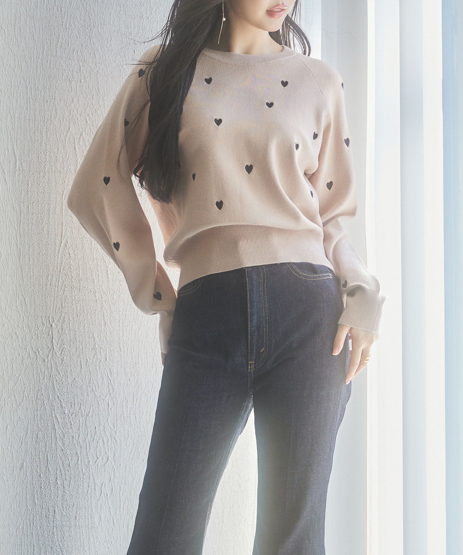 ハート刺繍ラグランスリーブニットプルオーバーsdpxyf3280 ピンクベージュ