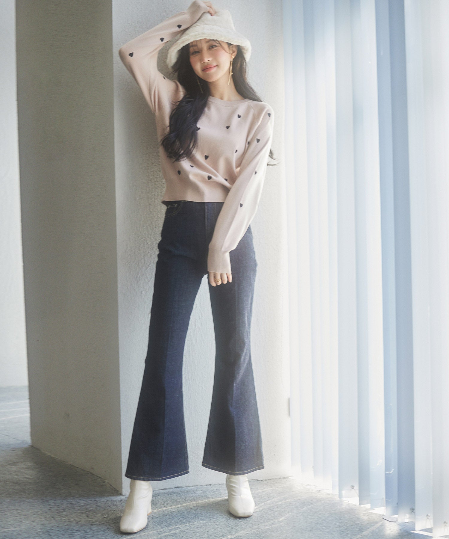 ハート刺繍ラグランスリーブニットプルオーバーsdpxyf3280 ピンクベージュ