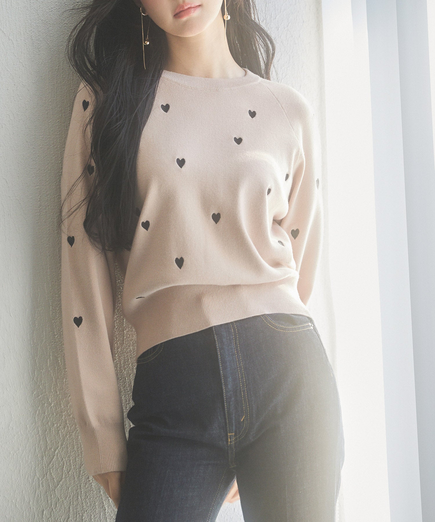 ハート刺繍ラグランスリーブニットプルオーバーsdpxyf3280 ピンクベージュ