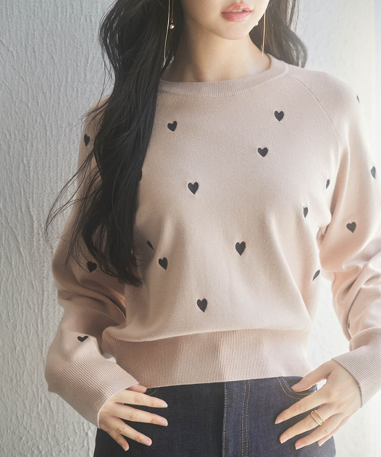 ハート刺繍ラグランスリーブニットプルオーバーsdpxyf3280 ピンクベージュ