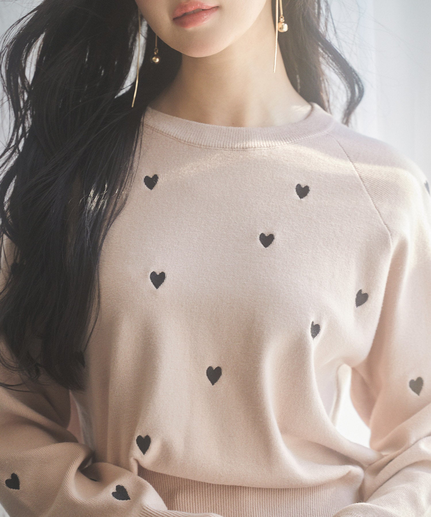 ハート刺繍ラグランスリーブニットプルオーバーsdpxyf3280 ピンクベージュ