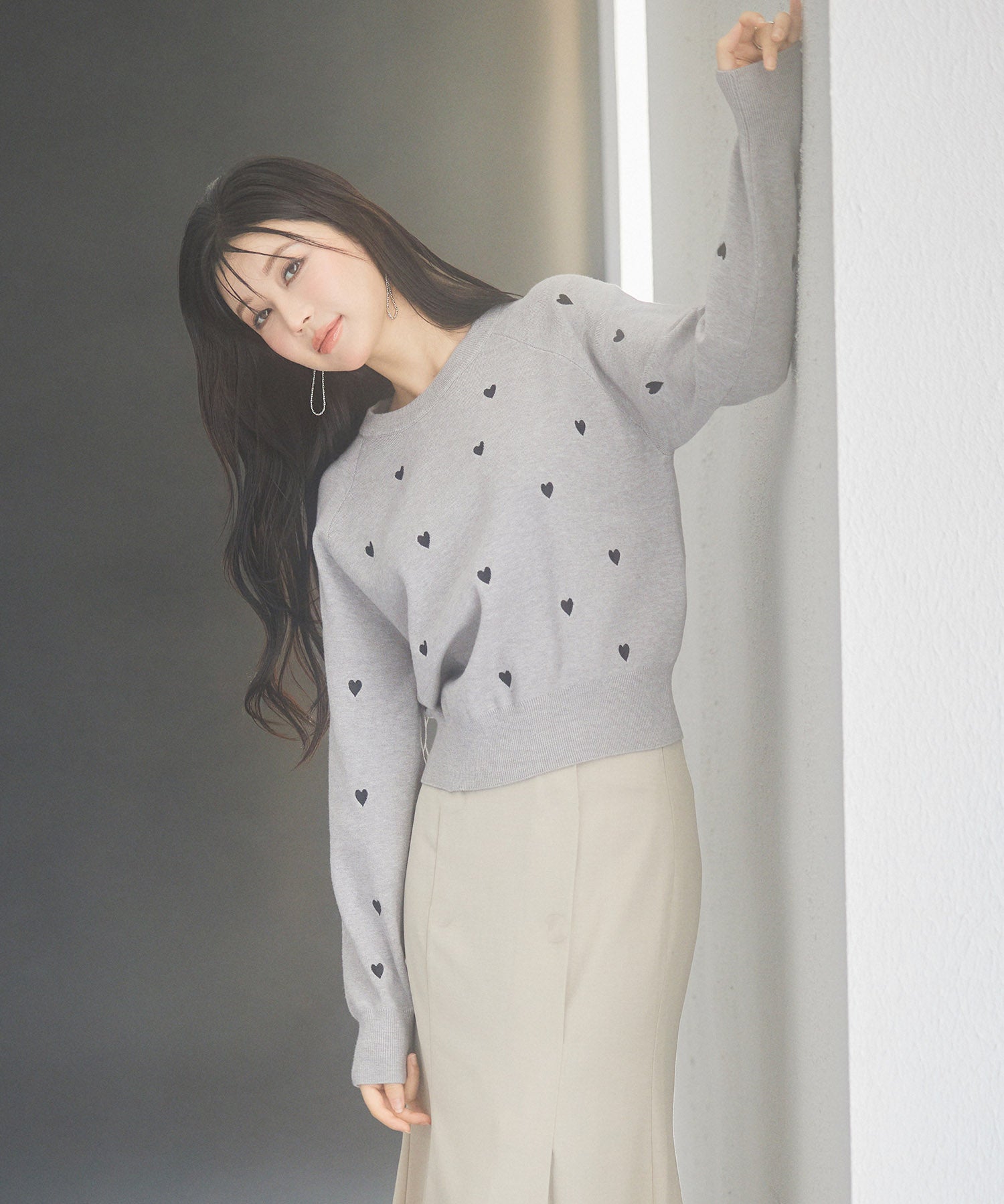 ハート刺繍ラグランスリーブニットプルオーバーsdpxyf3280 グレー