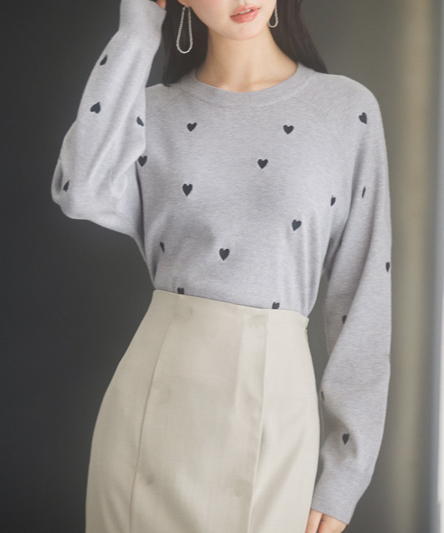 ハート刺繍ラグランスリーブニットプルオーバーsdpxyf3280 グレー