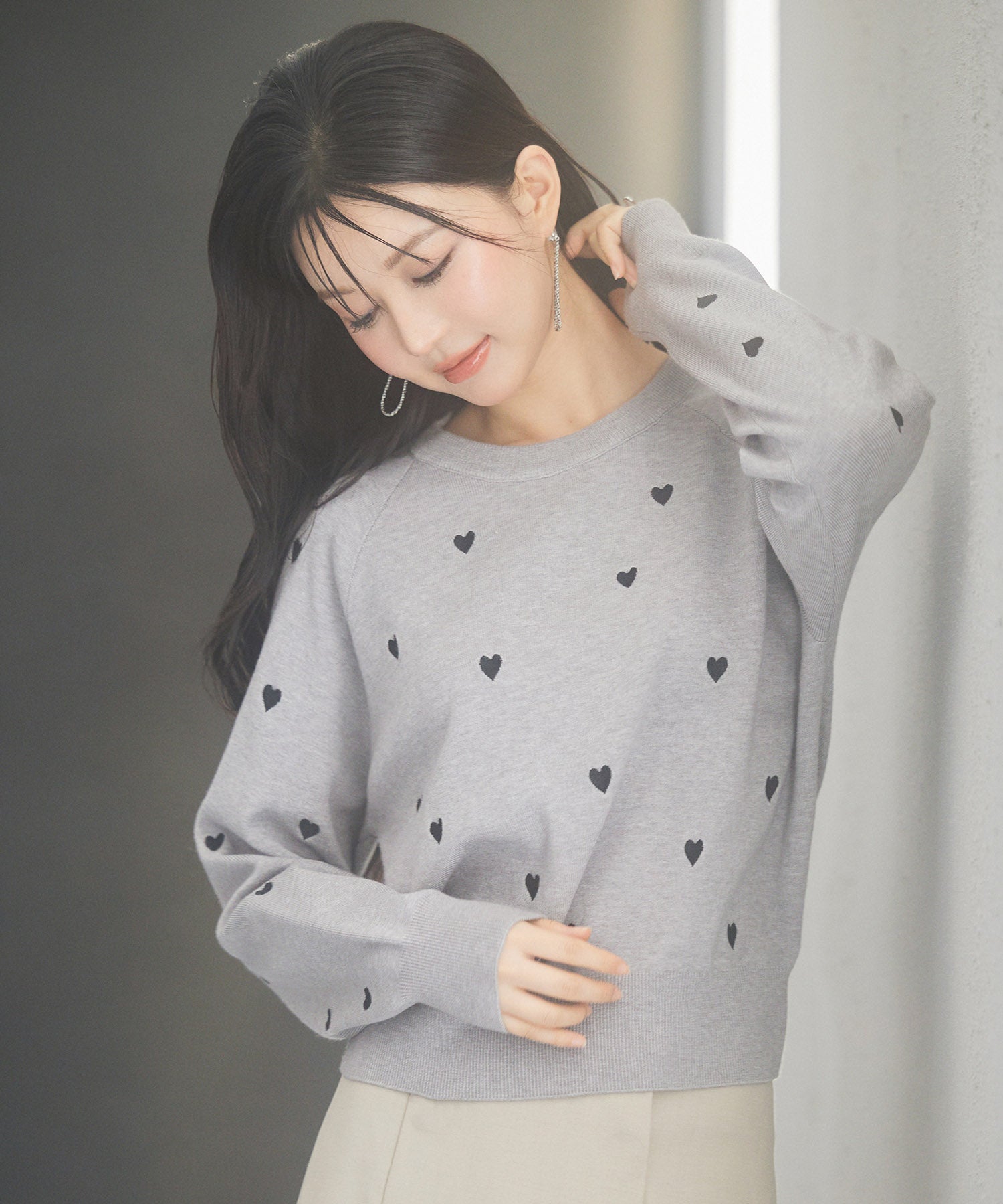 ハート刺繍ラグランスリーブニットプルオーバーsdpxyf3280 グレー