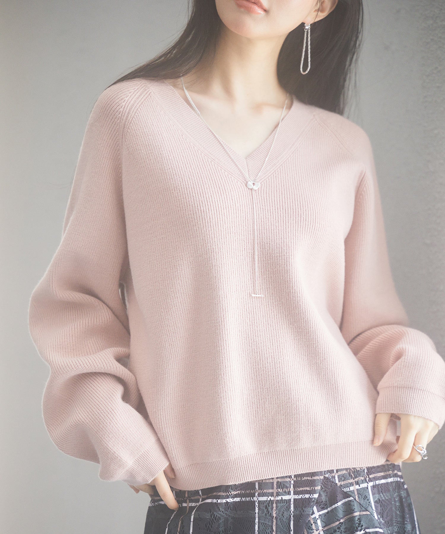 畦編み深みVネックニットプルオーバーsdpxyf3292 ピンク