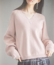 畦編み深みVネックニットプルオーバーsdpxyf3292 ピンク