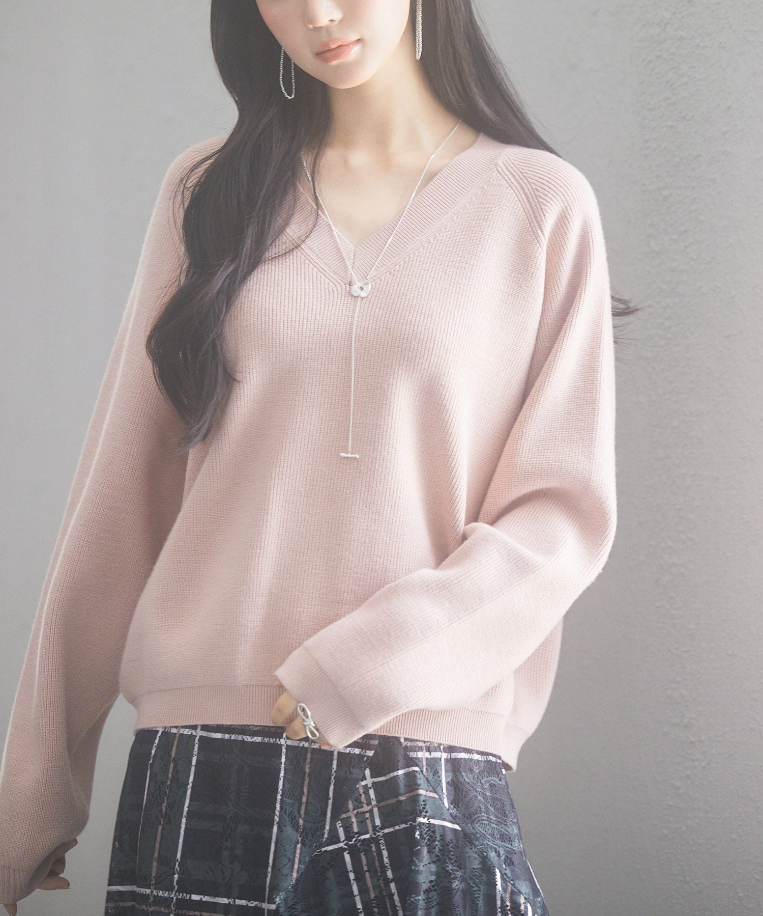 畦編み深みVネックニットプルオーバーsdpxyf3292 ピンク