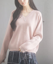 畦編み深みVネックニットプルオーバーsdpxyf3292 ピンク