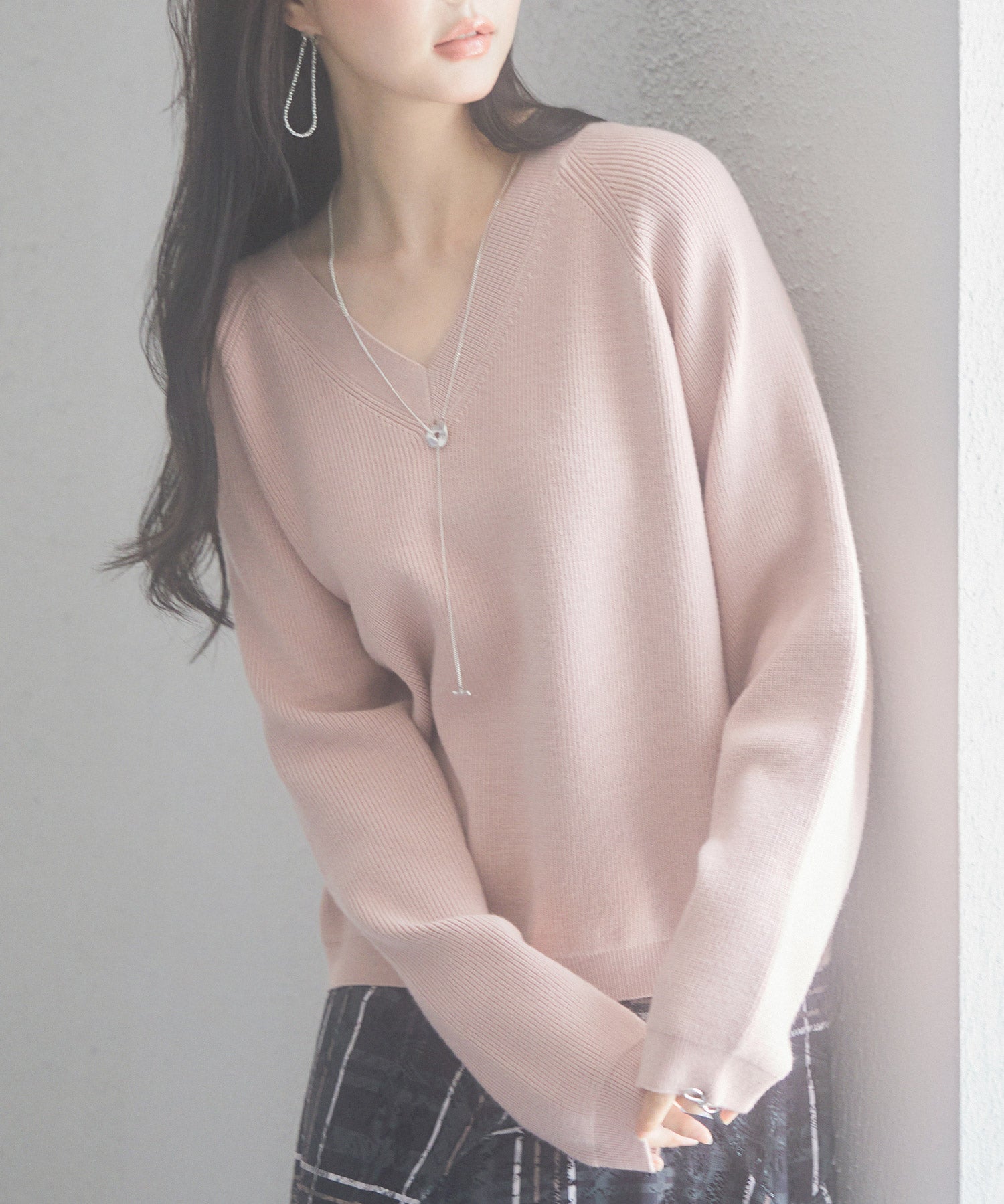 畦編み深みVネックニットプルオーバーsdpxyf3292 ピンク