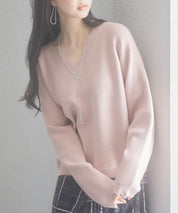 畦編み深みVネックニットプルオーバーsdpxyf3292 ピンク