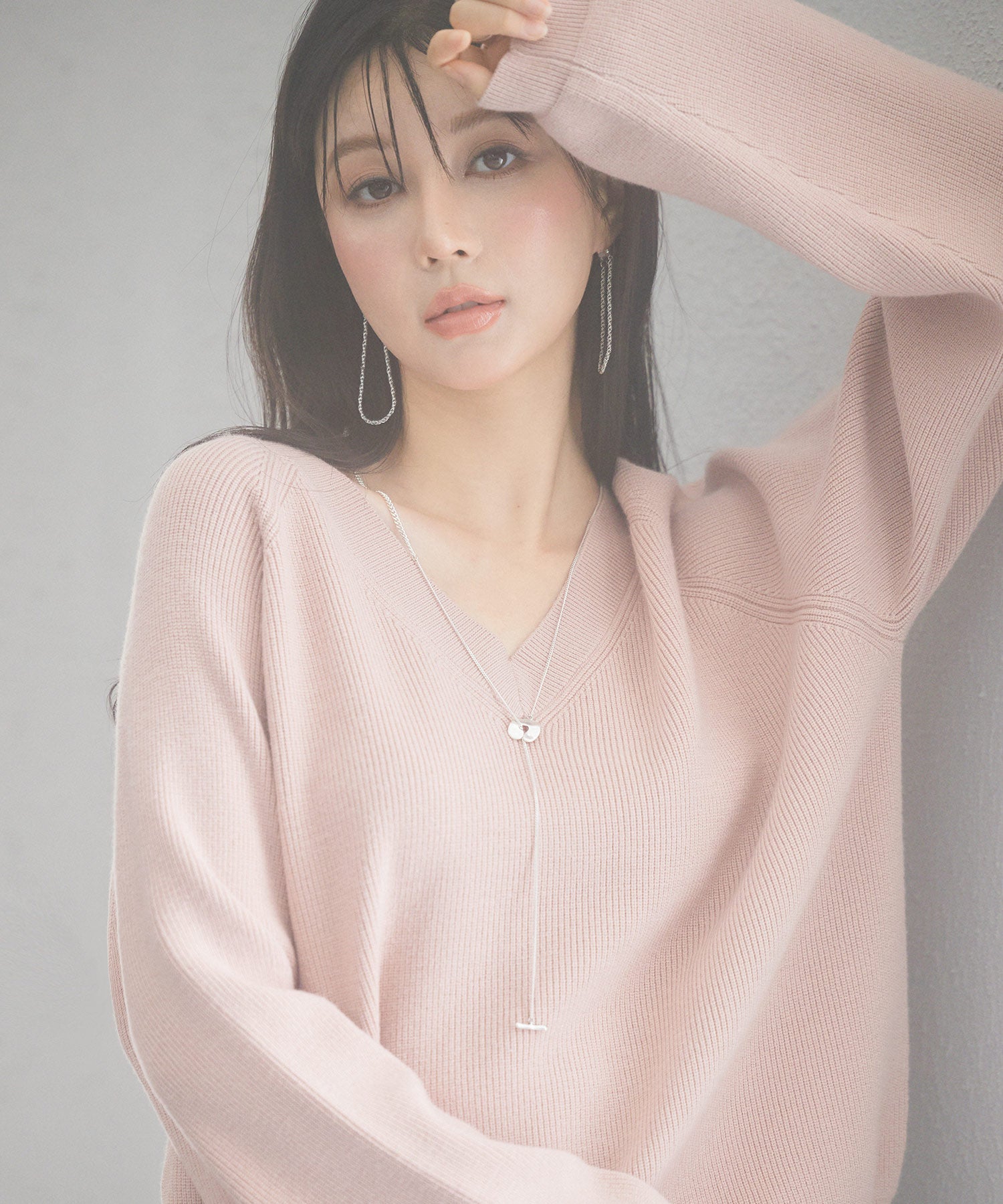 畦編み深みVネックニットプルオーバーsdpxyf3292 ピンク