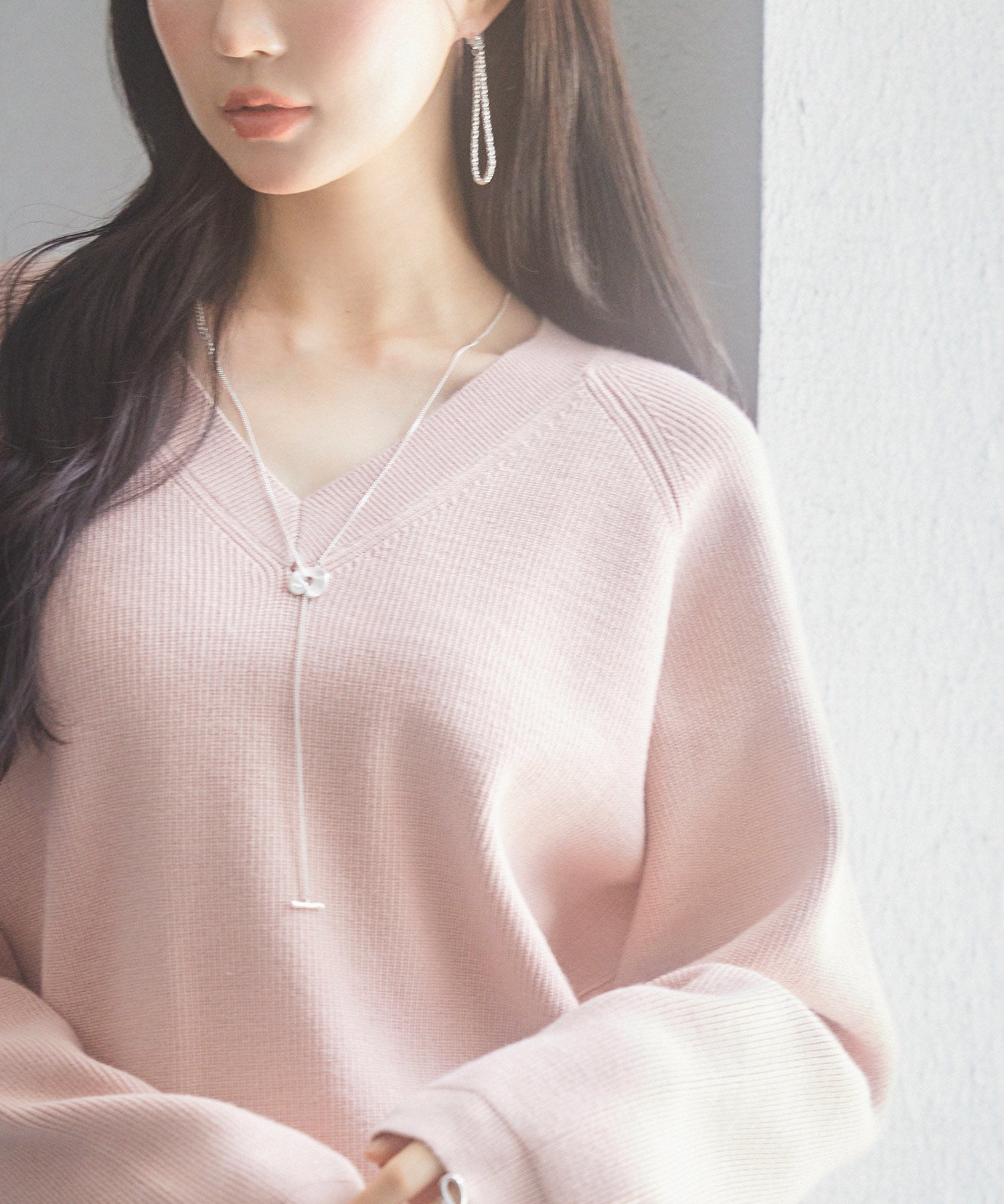 畦編み深みVネックニットプルオーバーsdpxyf3292 ピンク