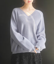 畦編み深みVネックニットプルオーバーsdpxyf3292 ブルーグレー