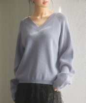 畦編み深みVネックニットプルオーバーsdpxyf3292 ブルーグレー